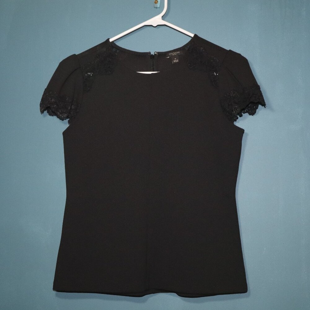 Ann Taylor Black Business Blouse with Lace accents around sleeves SP